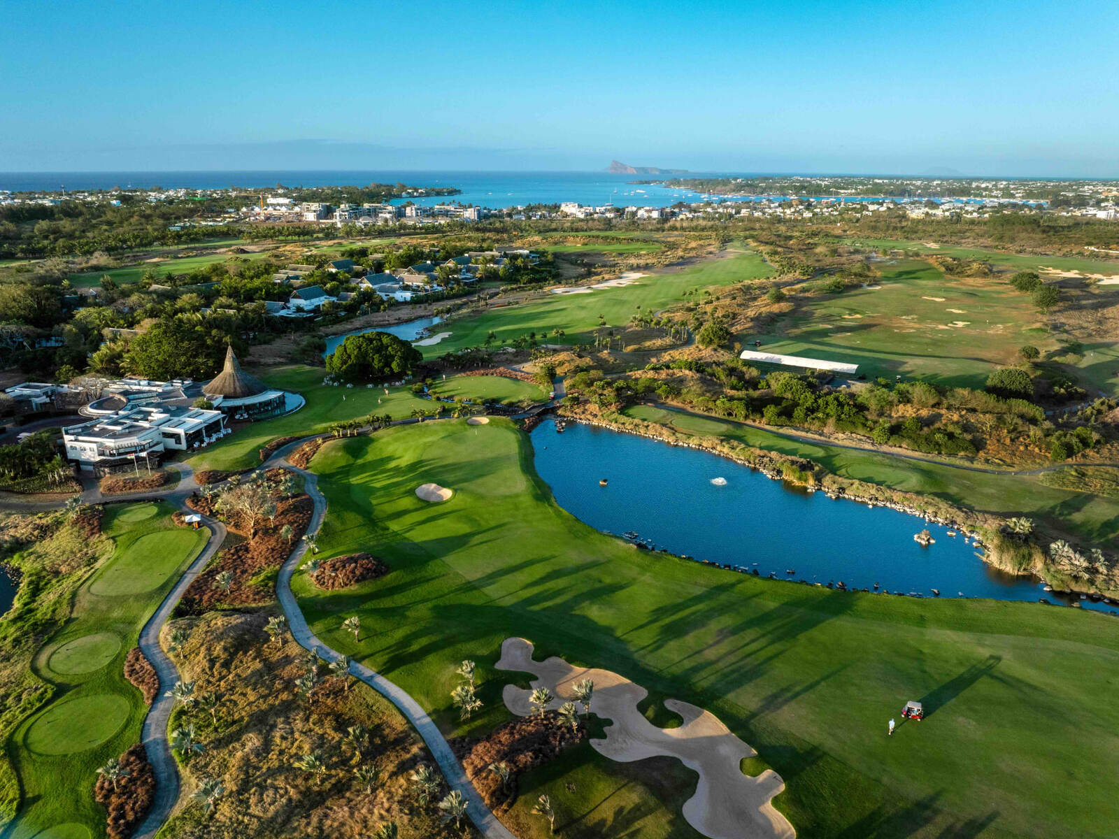 Aerial view of the clubhouse and lagoon holes in Mauritius