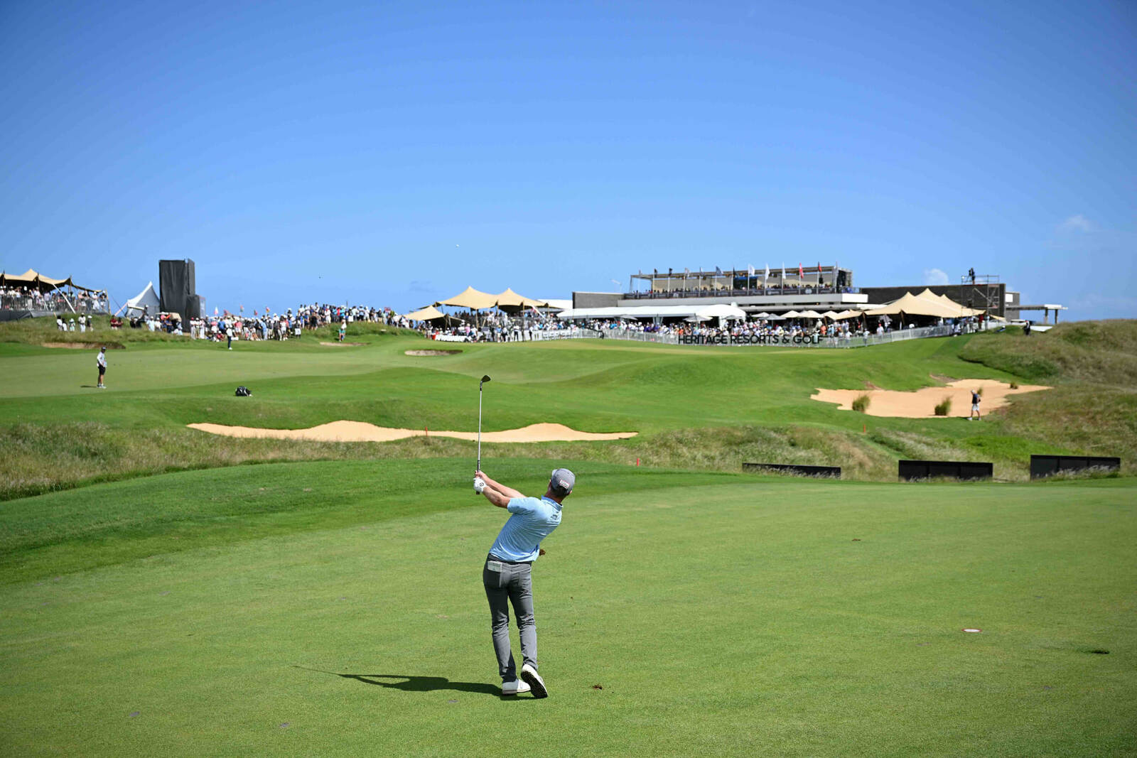 Approach shot into the grandstand at the AfrAsia Bank Mauritius Open