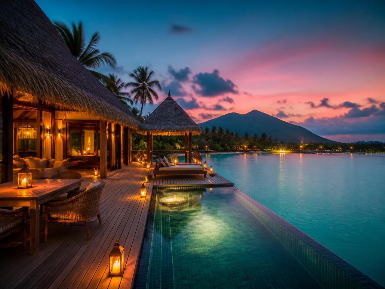 Overwater villa deck at dusk on a Mauritius lagoon